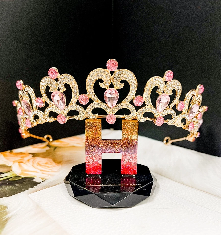 Tiara de Cristal Rosa, Tiara Dorada Niña, Tiara en Forma de Corazón, Tiara Fiesta Princesa Foto 4 de 4