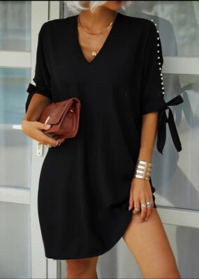 Shemona Womens L Black Cold Shoulder Dress Pearl Detail Sleeve Shift Mini V-neck