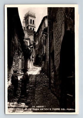 Ancient Street & Peoples Tower Torre Del Popolo Assisi Italy Real Photo Postcard