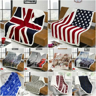 Luxus Sherpa Kunstfell Überwurf Fleecedecke Schlafsofa Union Jack Skyline Tiere