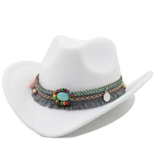 White Western Cowboy, Cowgirl Hat, Bead Tassle Strap, Men Women Retro Wide Brim