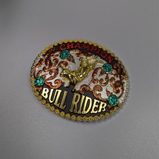 Vintage Western Bullrider Belt Buckle Large Oval Red Gold Cowboy Rodeo Champion