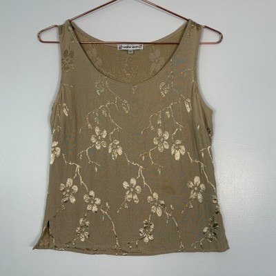 Spencer Alexis Women Tank Top Small Gold Floral Embroidered MAU11 Tan Sleeveless