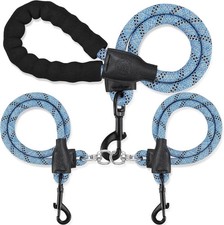 Double Dog Leash   No-Tangle 360  Swivel Reflective Leash for 2 Dogs Padded Blue
