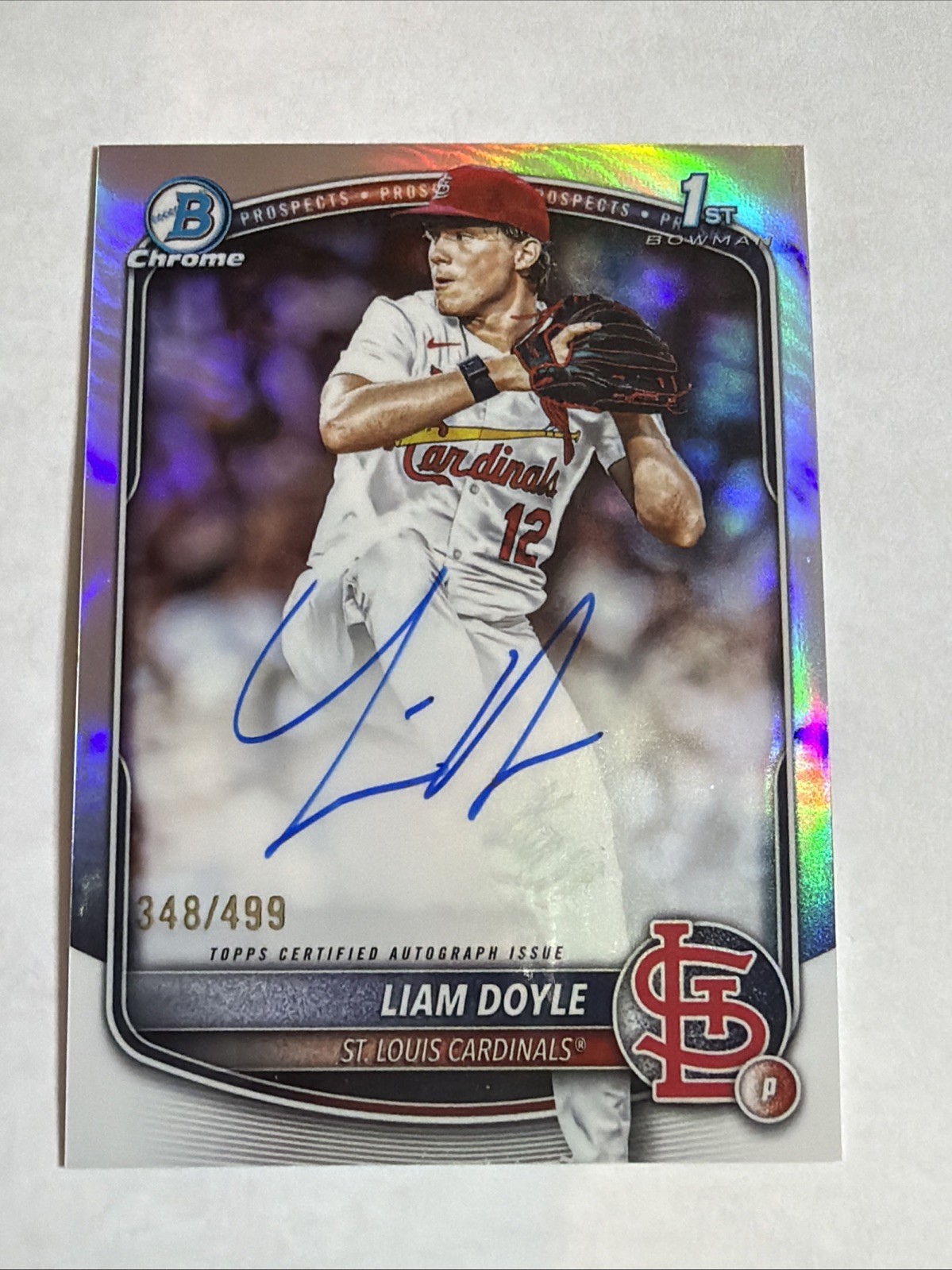 2025 1st Bowman Draft Chrome Refractor Liam Doyle Auto 348/499 RC SP Cardinals