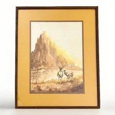 Vintage Betty Hale Grugin Original Watercolor Elk Western Lodge Framed Art