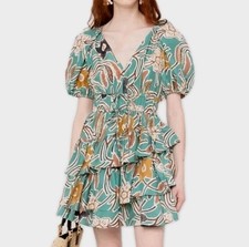 ULLA JOHNSON Farah Dress in Topaz Green Floral Silk Ruffle Tiered Mini Sz 2 $745