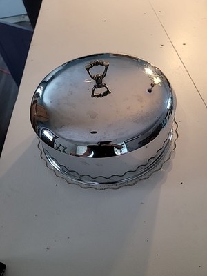 Vtg Kromex 2889 Round Glass Foited Cake Stand Chrome Cake Cover Brass Handle