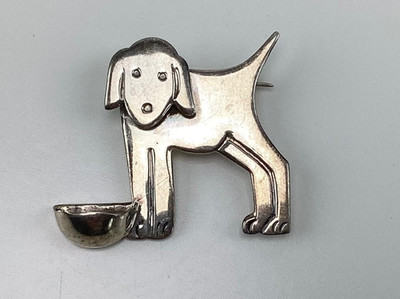 Vintage Puppy Dog Brooch Pin w Water Bowl 1.5  Sterling Silver Marked 925, 10g