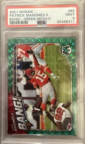 2021 Panini Mosaic Bang! Patrick Mahomes II #B-2 Mosaic Green Prizm.
