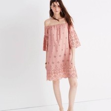 Madewell Dusty Pink Eyelet Off Shoulder Romantic Boho Shift Dress SZ 6