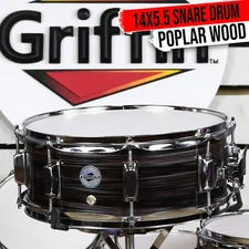 GRIFFIN Wood Snare Drum - Zebra 14x5.5 Poplar Shell Percussion Head Key Kit Set