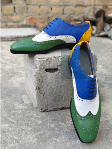 Scarpe eleganti da uomo fatte a mano in pelle multicolore Oxford Brogue punta alare formali uomo - Foto 5 di 14