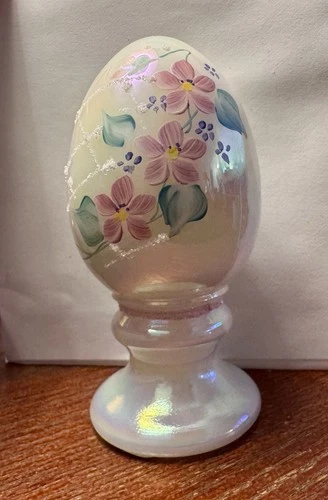 Fenton Hand Painted Glass Egg Figurine Floral Signed D. Robinson Handmade