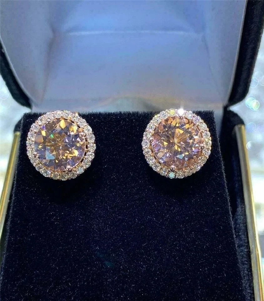2.20Ct Round Cut Morganite Diamond Halo Stud Earrings 14K Rose Gold Finish - Image 2 of 4