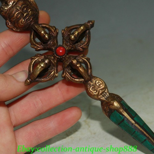 Old Tibet Buddhism Copper Turquoise Mahakala Vajra Phurpa Dagger Equipment Faqi - Picture 8 of 9