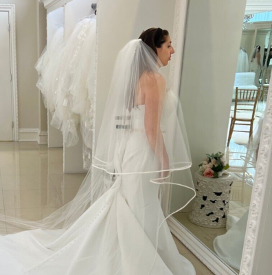 Bridal veil 2 tier satin edge wedding veil with Satin ribbon  display picture 3