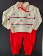 Vintage Toddler Cable Knit Sweater Set 1970's Flowers Animals Red Ivory 2T EUC