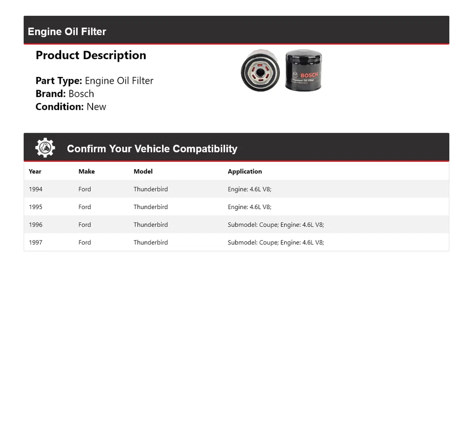 Filtro de aceite premium Bosch 1995 1996 para Ford Thunderbird 1994-1997 4,6 L V8 Foto 2 de 3