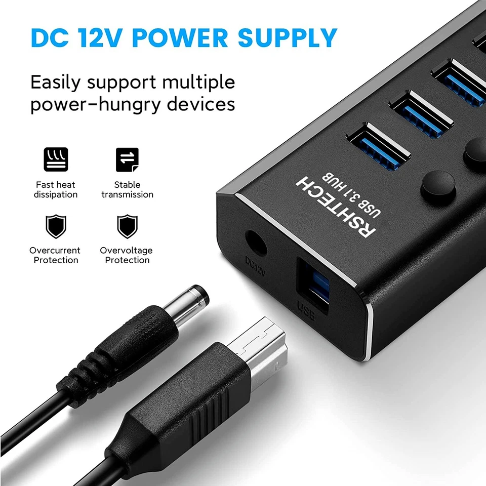 Hub USB Attivo 3.0 Con Alimentatore 10Gbps 10 Porte USB 3.1 in Alluminio Hub Con - Immagine 3 di 4