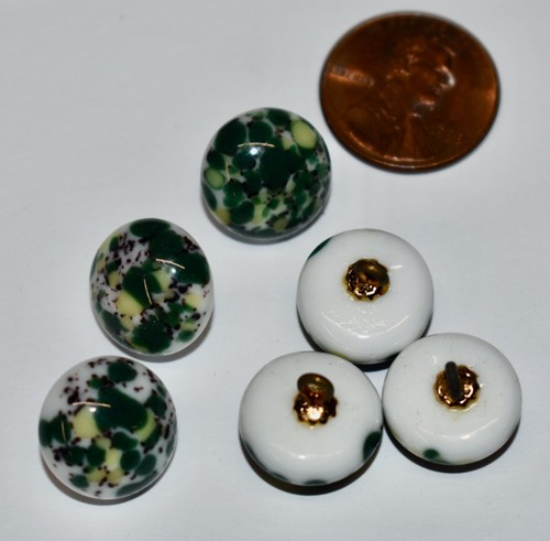 VINTAGE 6 GLASS BUTTONS 13.5mm ROUND DOME MOTTLED GREEN YELL OW WHITE - Picture 2 of 2