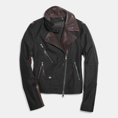 New COACH MIXED Cotton/Leather SLIM MOTO JACKET Oxblood Size M RRP £500 - Image 1 of 4