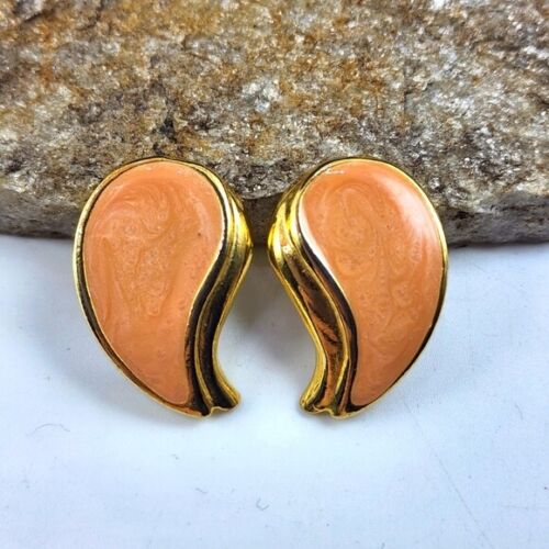 80's Peach Enamel Earrings Pierced Gold Tone Tear… - image 1