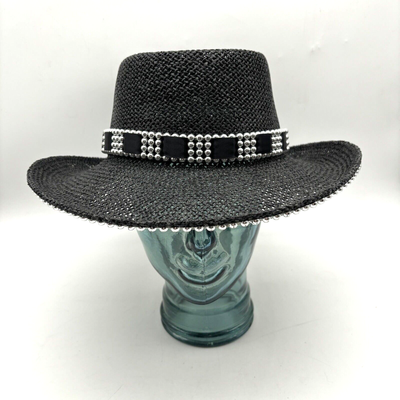 Black Straw Hat with Black Beaded Trim Mia - Wide Brim Embroidered Stitched Band Boater Panama  main image 4