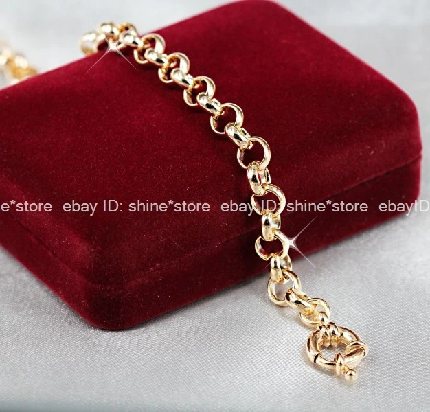 18K GOLD FILLED SAFE BOLT RINGS CHAIN HEART WOMENS SOLID BELCHER BRACELET BANGLE