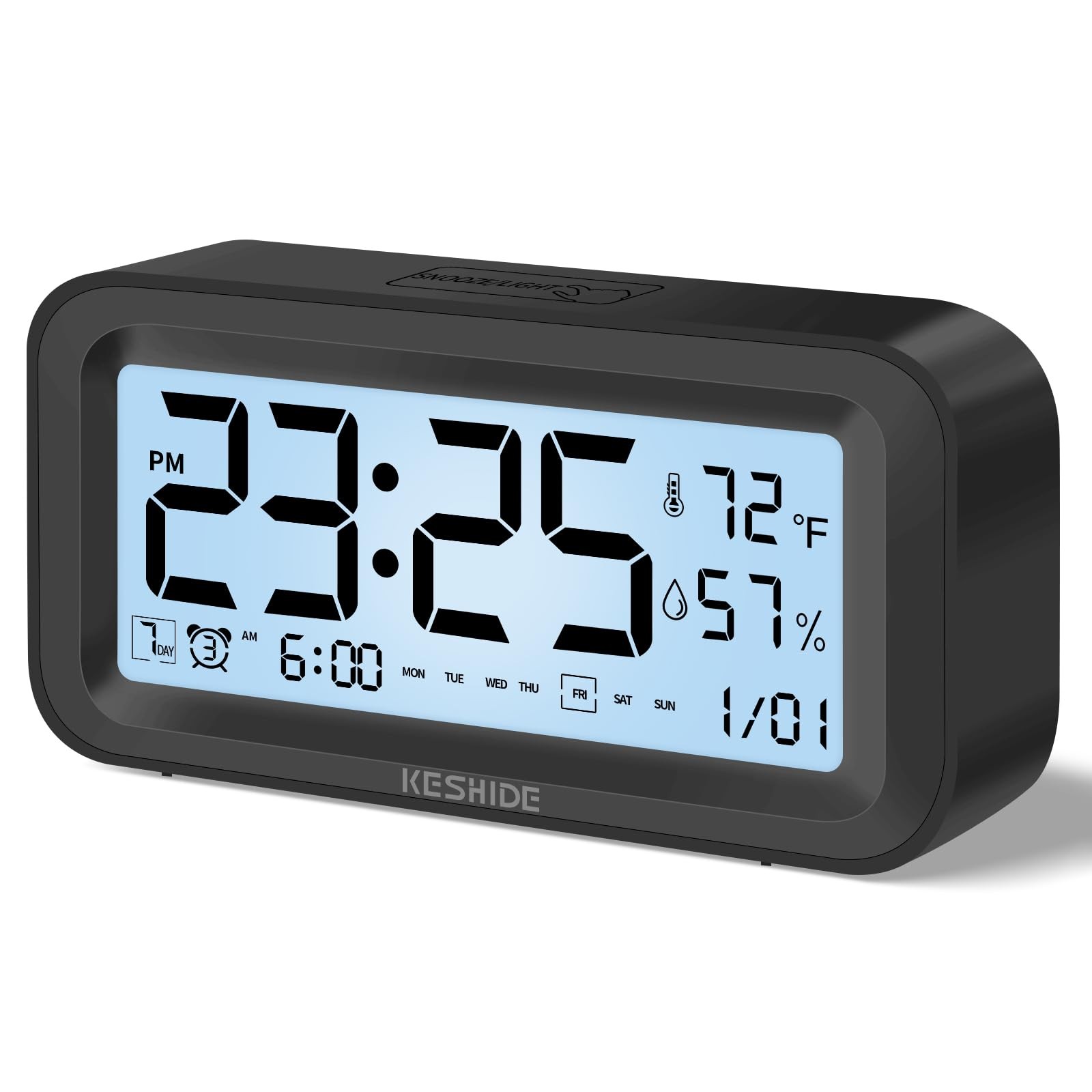 Digital Alarm Clock Night Light Temp Humidity Battery Desk Clock Black