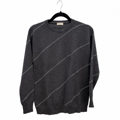 Brunello Cucinelli 100% Cashmere Sweater S Gray Diagonal Stripe Crewneck Italy