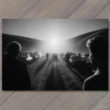 Art Print Black White Retro Car Shadows People Silhouettes Eerie Light Valley Su