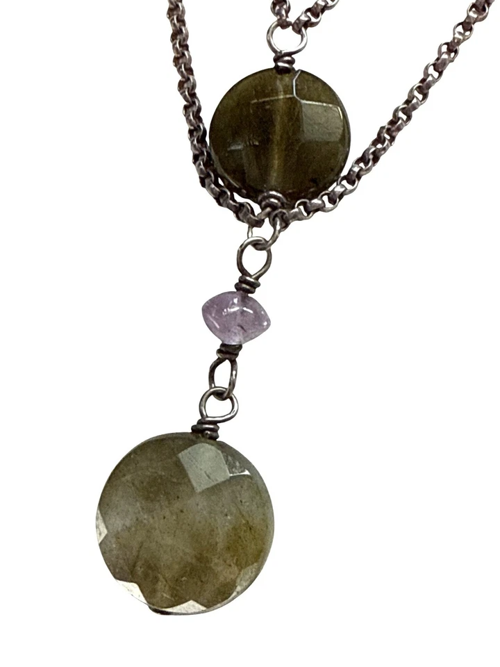 Double Strand Labradorite Necklace Sterling Silver 925 Gemstone Pendant Layered - Imagem 2 de 4