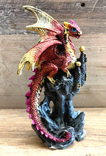 Dragon On Castle, Red Resin Statue 4" x 3"