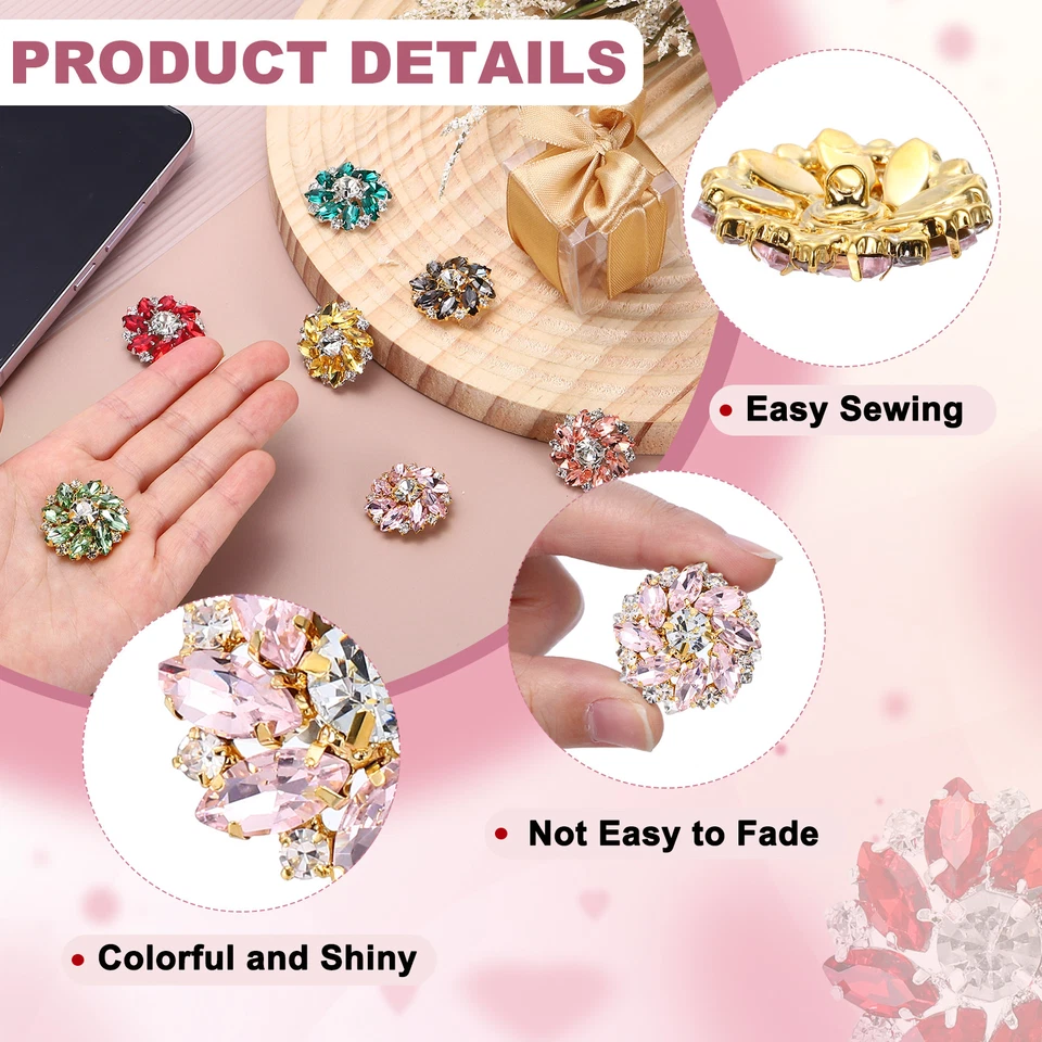 6 PIEZAS Botones Flor Costura Estrás 1 Pulgada Cristal Vástago Dorado Rosa Foto 3 de 4