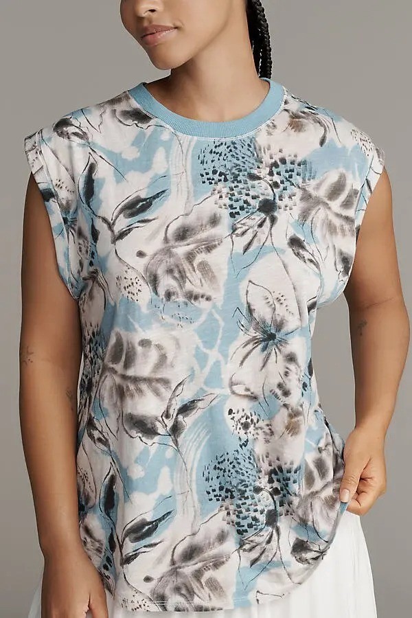 Anthropologie Pilcro Vinnie Cotton-Slub Muscle Tee Blouse Top Printed M 284163