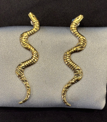 Vintage Laurel Burch Gold Toned Snake Post Earrings- 2.25 inches long