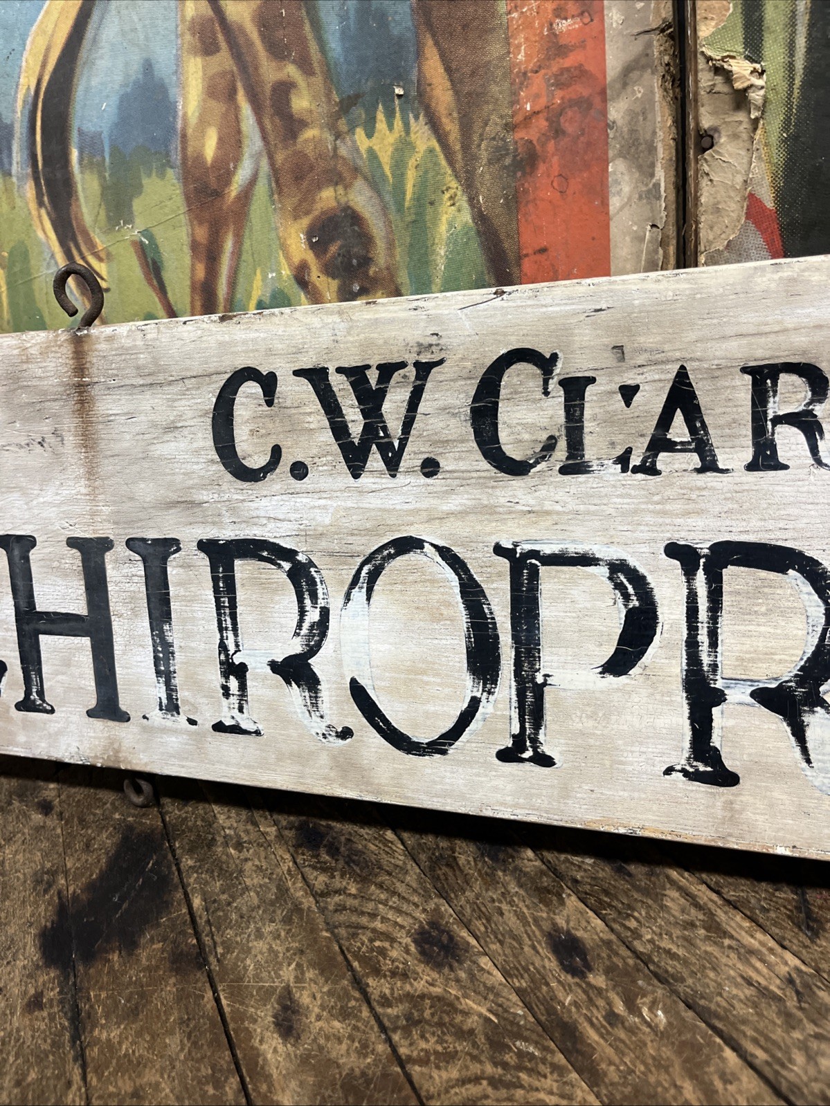 VINTAGE C. 1920 C. W. CLARKE D.C. CHIROPRACTOR DOUBLE SIDED WOOD TRADE SIGN RARE