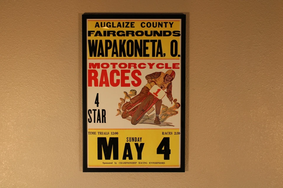 ¡Póster enmarcado de carreras de motocicletas de pista plana de la década de 1960 14X22! Rara carrera de recinto ferial de colección Foto 3 de 4