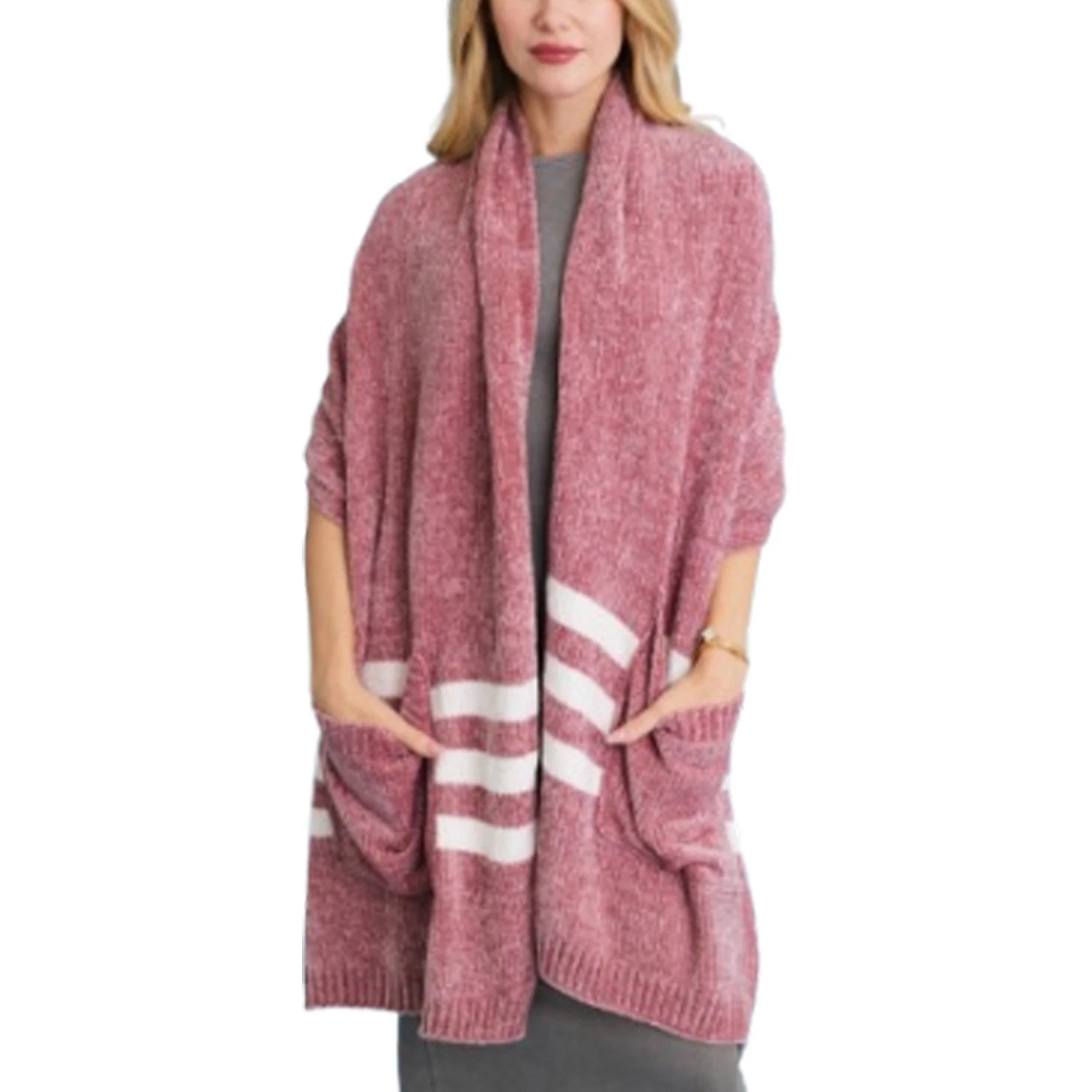 Ultra Soft Striped Chenille Blanket Scarf with Pockets – Cozy, Warm, and Stylish