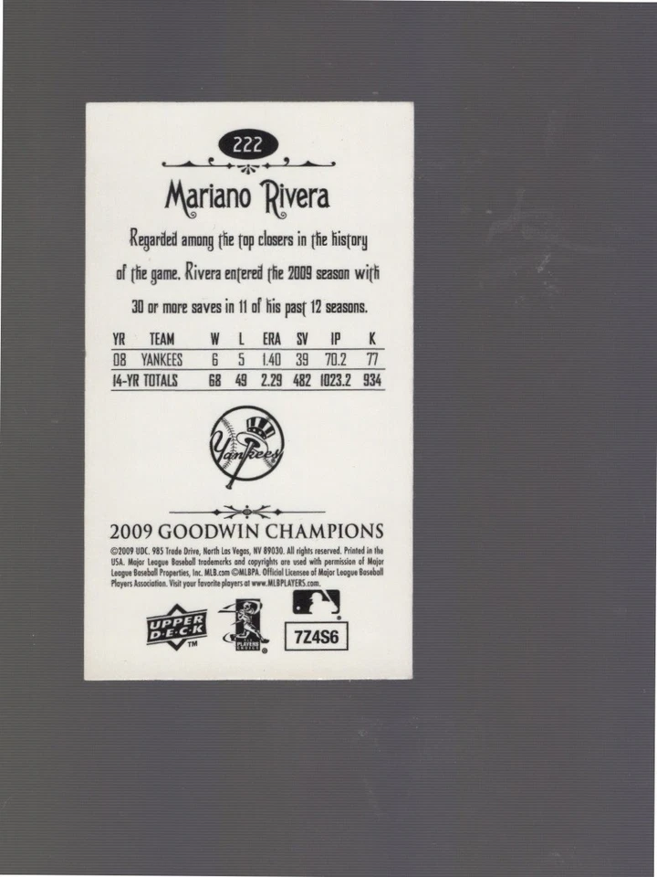 Mariano Rivera 2009 Upper Deck Goodwin Champions Silver Foil Mini #222 - Image 2 of 2