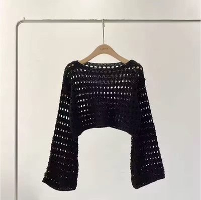 Womens Crochet Knit Crop Top Long Sleeve Boho Beach Cover Up Sweater Pullover