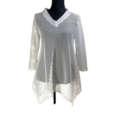Becca Camille White Mesh Knit Collared Tunic Top Made in USA Size S romantic