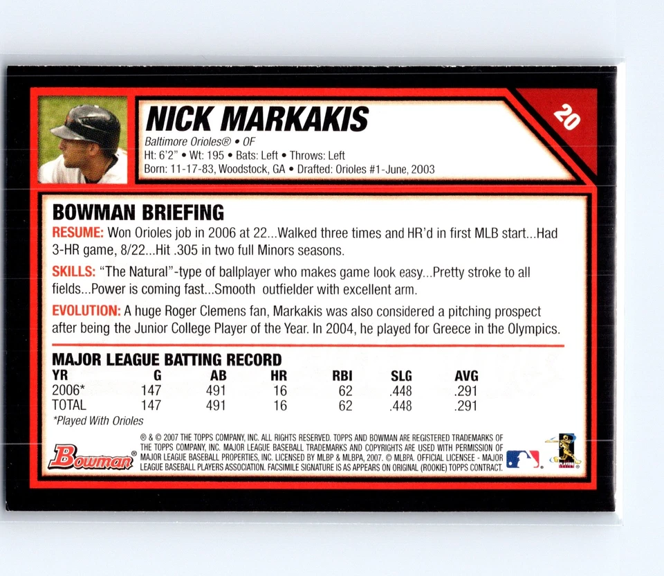 2007 Bowman Nick Markakis #20 - Image 2 of 3