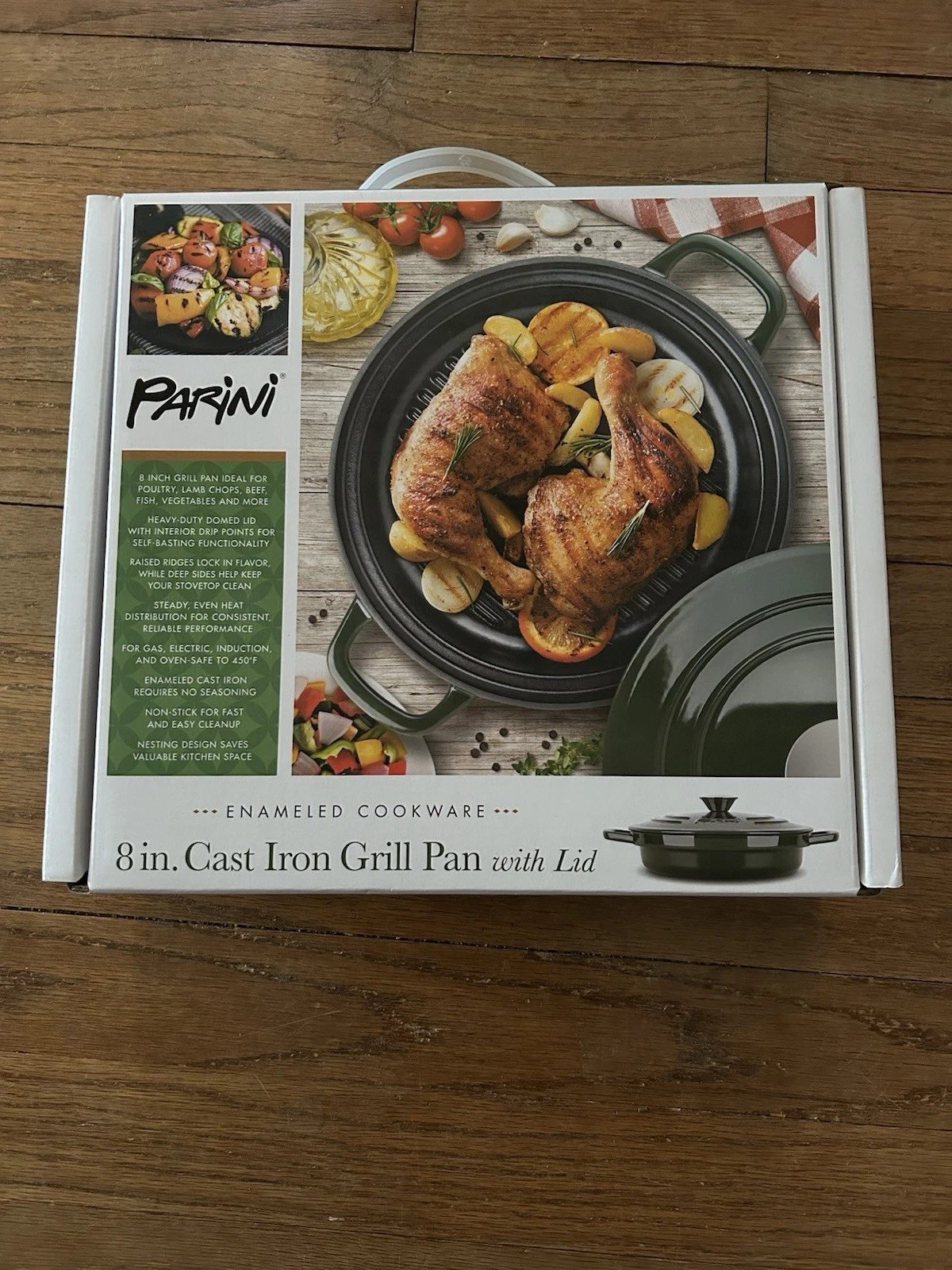 Parini 8 inch Cast Iron Grill Pan With Lid Enameled Cookware New In Sealed Box