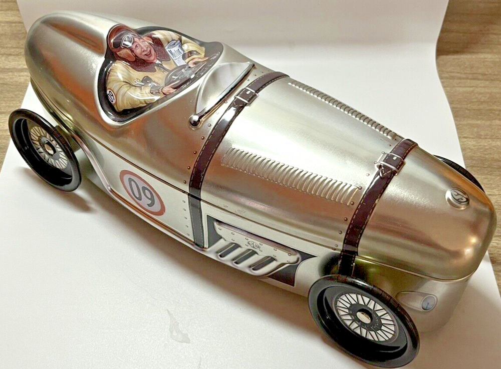 RACE CAR Cookie TIN BOX SILVER CRANE COMPANY EMPTY Rolling wheels! RACER #09