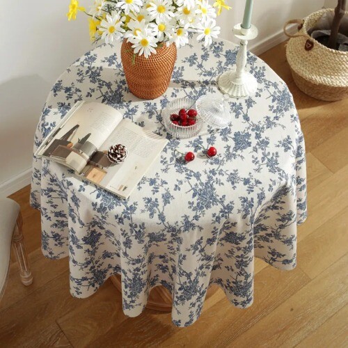 Floral Linen Cotton Tablecloth Pastoral Floral Rustic Washable Round Table Cover - Bild 23 von 35