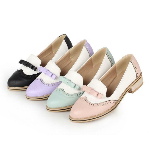 Womens Retro Brogue Oxford Bowtie Sweet Candy Pump Mary Jane Plus Wing tip Shoes - Picture 12 of 16