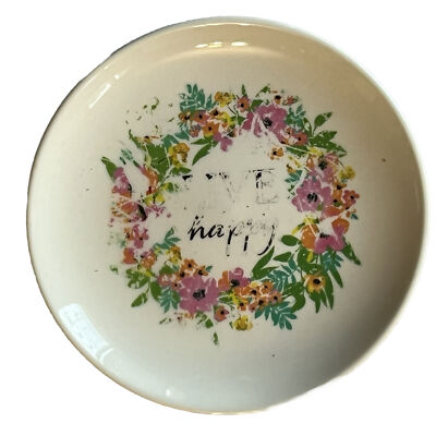 Pet Cat Dish Ceramic Food Plate White Live Happy Floral Small 5in