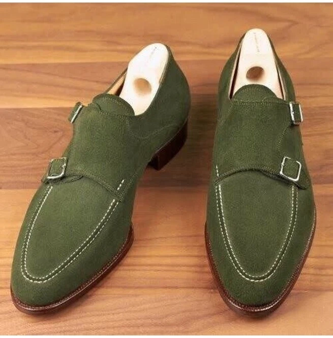 Nuevo Verde Oscuro Gamuza Formal Doble Monje Zapatos de Vestir para Hombre, Hebilla Zapato de Oficina Foto 2 de 3
